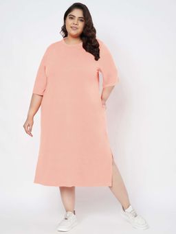 BRINNS - Women Peach Plus Size Cotton T-Shirt Midi Length Dress