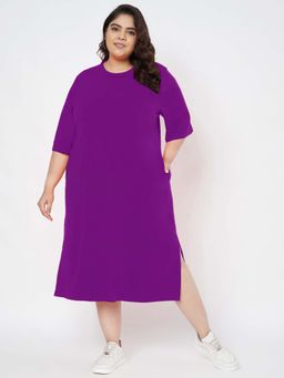 BRINNS - Women Purple Plus Size Cotton T-Shirt Midi Length Dress