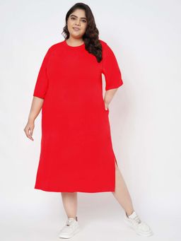 BRINNS - Women Red Plus Size Cotton T-Shirt Midi Length Dress