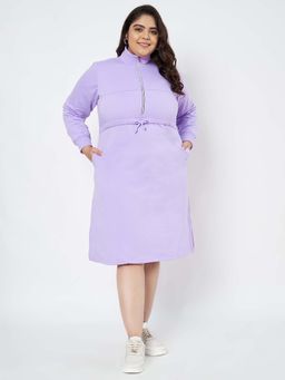 BRINNS - Women Lavender Plus Size Mock Neck Long Sleeves Cotton A-Line Knee Length Dress