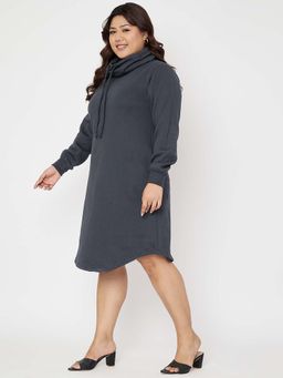 BRINNS - Plus Size Charcoal Cowl Neck Cuffed Sleeves Jumper Knee Length Dress