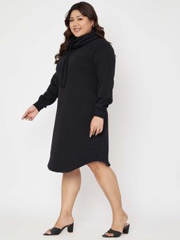 BRINNS - Plus Size Black Cowl Neck Cuffed Sleeves Jumper Knee Length Dress