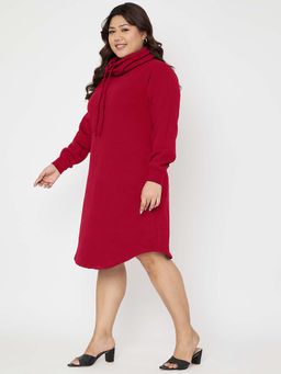 BRINNS - Plus Size Maroon Cowl Neck Cuffed Sleeves Jumper Knee Length Dress