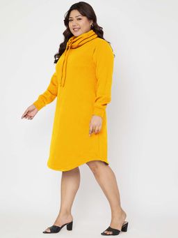 BRINNS - Plus Size Mustard Cowl Neck Cuffed Sleeves Jumper Knee Length Dress