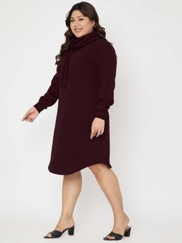 BRINNS - Plus Size Burgundy Cowl Neck Cuffed Sleeves Jumper Knee Length Dress