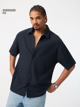 The Souled Store - Navy Blue Textured Collar Neck Shirt
