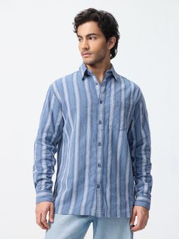 The Souled Store - Blue Textured Collar Neck Shirt