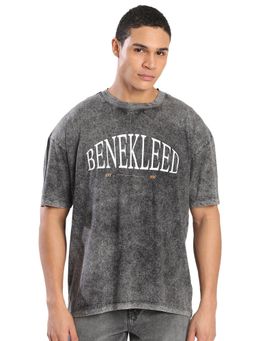 Bene Kleed - Graphic Print Half Sleeves Oversized Casual Charcoal T-Shirt