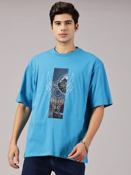 BLACK BUCK - Oversized Back Printed Blue T-Shirt