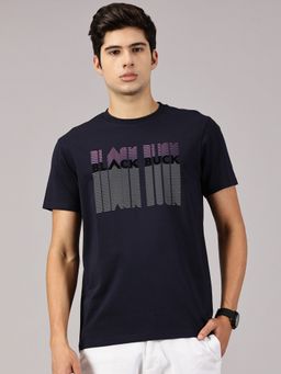BLACK BUCK - Printed Cotton Crew Neck Navy Blue T-Shirt