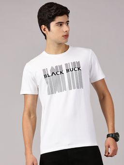 BLACK BUCK - Printed Cotton Crew Neck White T-Shirt