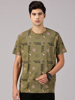 BLACK BUCK - All Over Printed Cotton Crew Neck Olive T-Shirt