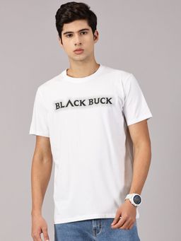 BLACK BUCK - Printed Cotton Crew Neck White T-Shirt