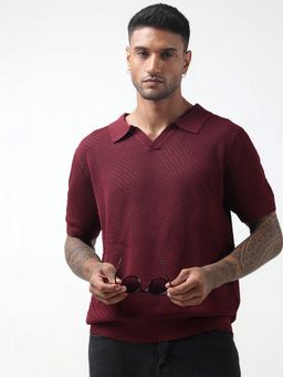 SHOWOFF - Edition Self-Design Green Maroon Knitted Polo T-Shirt