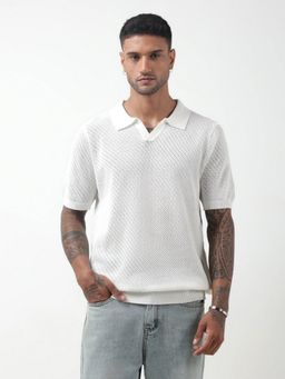 SHOWOFF - Edition Self-Design White Knitted Polo T-Shirt