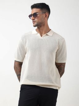 SHOWOFF - Edition Self-Design Cream White Knitted Polo T-Shirt