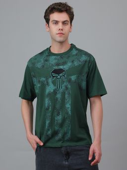 Free Authority - Official Punisher Half Sleeve Graphic Printed Cotton Oversized Green T-Shirt