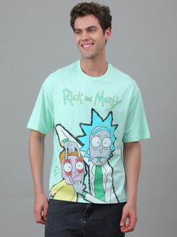 Free Authority - Rick and Morty Half Sleeve Graphic Printed Cotton Oversized Green T-Shirt