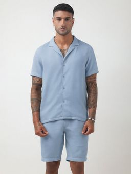 SHOWOFF - Textured Blue Cuban Collar Co-Ord Set