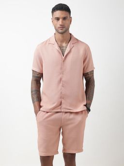 SHOWOFF - Textured Peach Cuban Collar Co-Ord Set