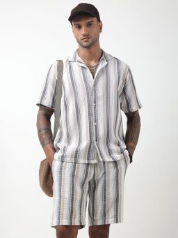 SHOWOFF - Striped White Cuban Collar Co-Ord Set