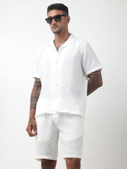 SHOWOFF - Textured White Cuban Collar Co-Ord Set