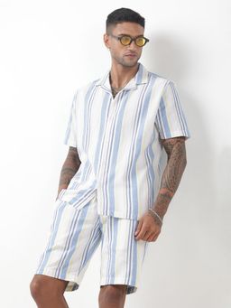 SHOWOFF - Striped White Cuban Collar Co-Ord Set