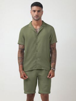 SHOWOFF - Textured Green Cuban Collar Co-Ord Set