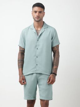 SHOWOFF - Textured Sea Green Cuban Collar Co-Ord Set