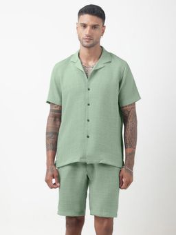 SHOWOFF - Textured Green Cuban Collar Co-Ord Set