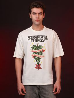 Free Authority - Stranger Things Upside Down Christmas Graphic Printed Oversized White T-Shirt