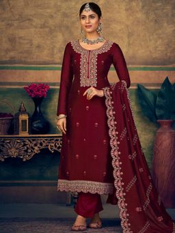 Stylee LIFESTYLE - Maroon Silk Embroidered Dress Material (Set of 3)