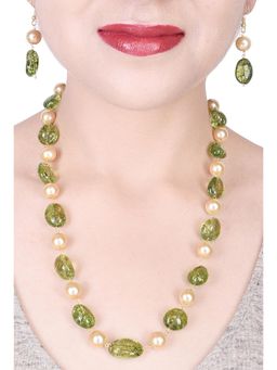 Ratnavali Jewels - Imitation Pearl Tumble Green Stone Necklace Set with Hook Earrings