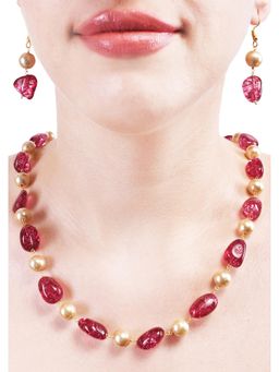 Ratnavali Jewels - Imitation Pearl Tumble Red Stone Necklace Set with Hook Earrings