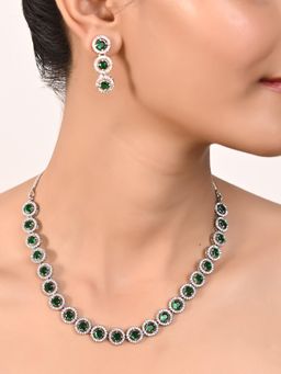 Ratnavali Jewels - Silver Plated Green AD Round Single Line Necklace Jewellery Set
