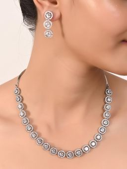 Ratnavali Jewels - Silver Plated AD Round Single Line Necklace Jewellery Set with Earring