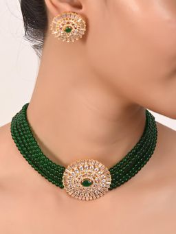 Ratnavali Jewels - Gold Plated Green Cubic Zirconia Pendant Beaded Choker Necklace Set with Stud