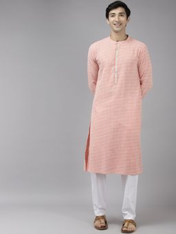 See Designs - Men Peach & White Printed Pure Cotton Straight Kurta with Pyjama (Set of 2)