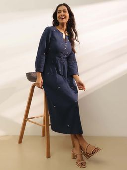 Fabindia - Navy Blue Embroidered Midi Dress