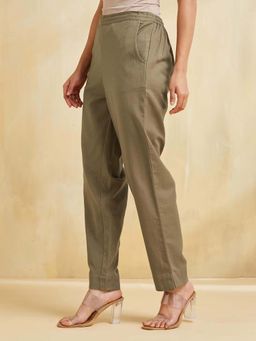 Fabindia - Olive Solid Regular Fit Pants