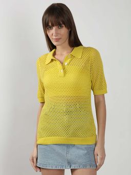 VERO MODA - Yellow Self Design Regular Fit Polo T-Shirt