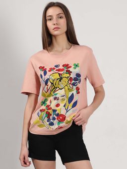 VERO MODA - Pink Printed Regular Fit T-Shirt