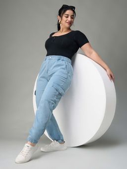 Miss Chase - A+ Curve Collection Plus Size Light Blue Regular High Rise Denim joggers