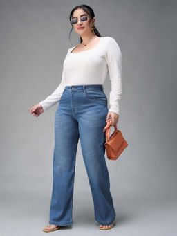 Miss Chase - A+ Curve Collection Plus Size Light Blue Wide-Leg Mid Rise Denim Jeans