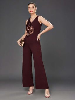 Miss Chase - Wine Embellished Jumpsuit