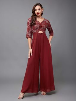 Miss Chase - Maroon Self Design Jumpsuit