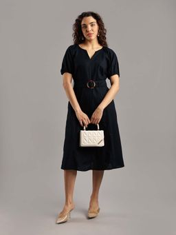 Tommy Hilfiger - Navy Blue Solid Knee Length Dress and Belt