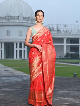 Beatitude - Red Blended Silk Jacquard Work Saree with Unstitched Blouse