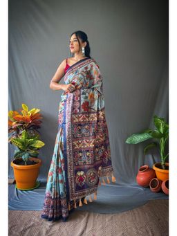 EXCLUSIVA - Blue Kalamkari Print Cotton Saree with Unstitched Blouse