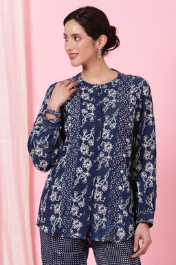 Folksong - Indigo Dabu Printed Shirt In Cotton Slub
